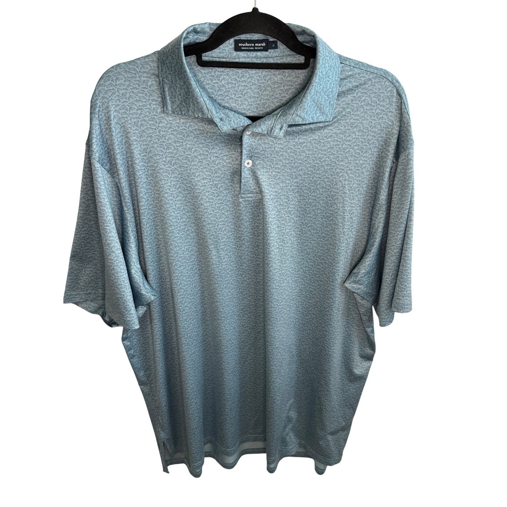 Southern Marsh Men's XL Blue All Over Fish Print‎ Performance Polo Shirt